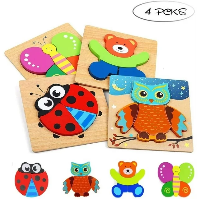 Wooden Animal Jigsaw Puzzles, Puzzles Toys with 4 Animals Patters for Toddlers 1 2 3 Years Old, Boys &Girls Educational Preschool Toys Gift with Bright Vibrant Colors